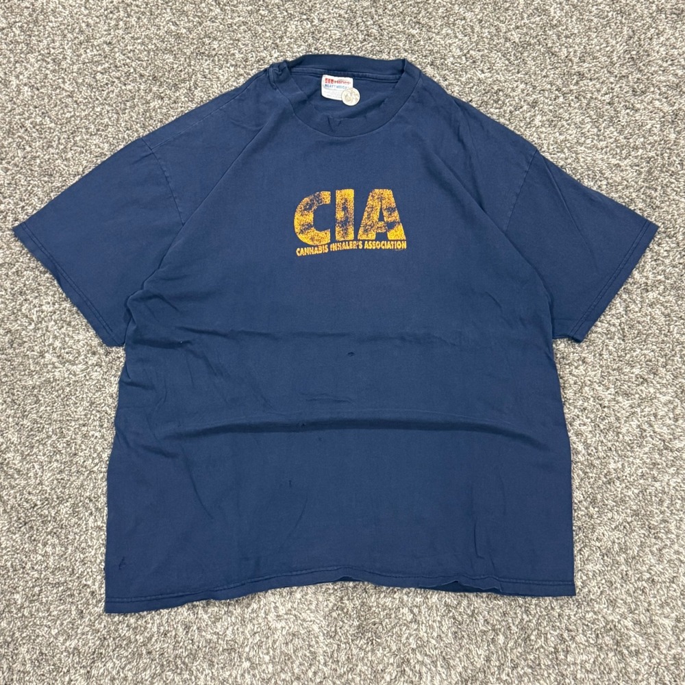 Vintage 90s CIA Cannabis Inhalers Association Weed T-Shirt Navy Mens XL Humor